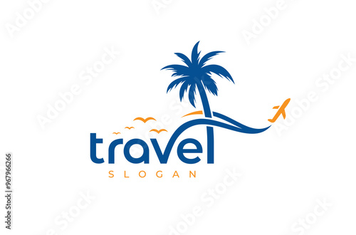 Abstract Travel logo design, Modern Travel with beach logo, travel, airplane, birds, beach vector logo design