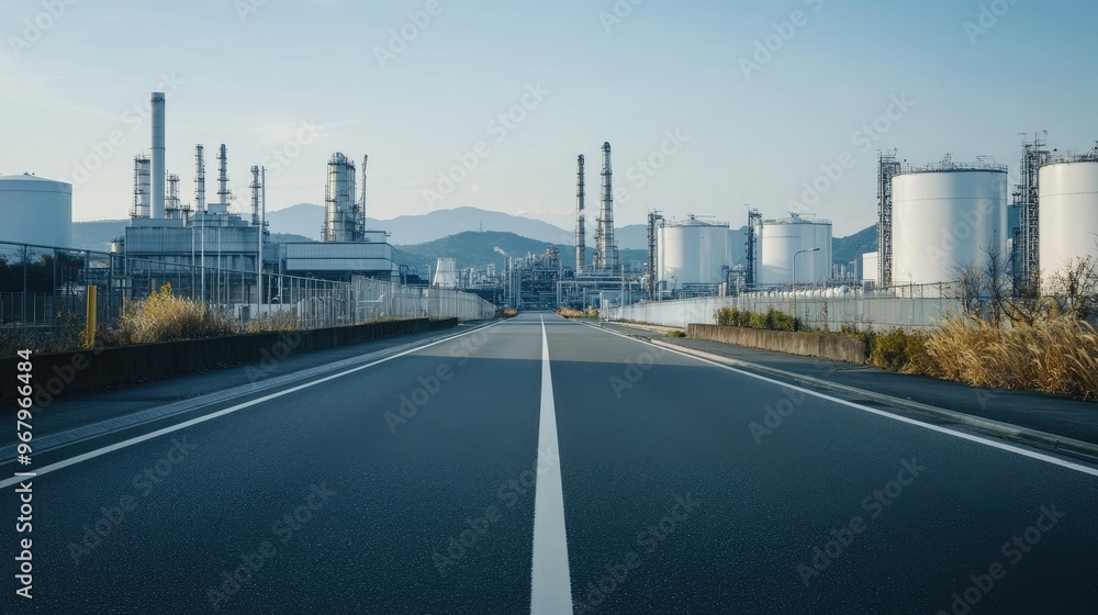 Empty road leading through an industrial park, with modern buildings and storage tanks visible in the distance Empty road leading through an industrial park, with modern buildings and storage tanks visible in the distance
