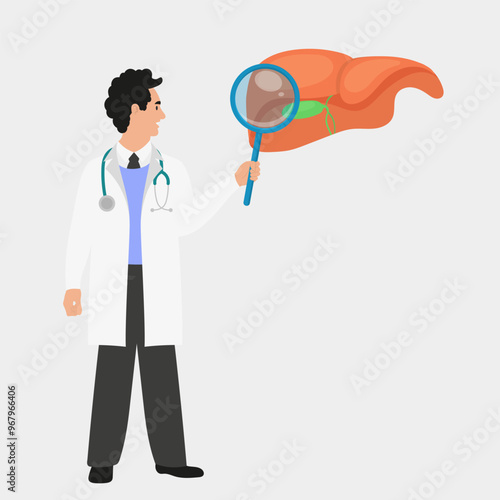 Biliary dyskinesia, hepatitis or cirrhosis of the liver is a gastroenterological disease. Gastroenterologist with a magnifying glass, diagnosing the liver and gall bladder. Flat vector illustration.	
