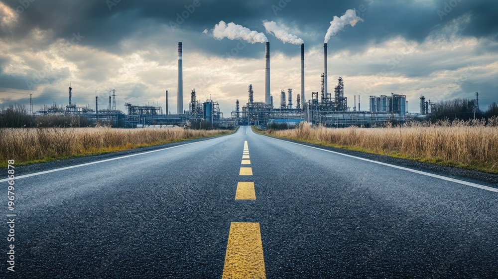 Fototapeta premium Empty road stretching toward modern industrial buildings, with tall chimneys and steel structures under a cloudy sky