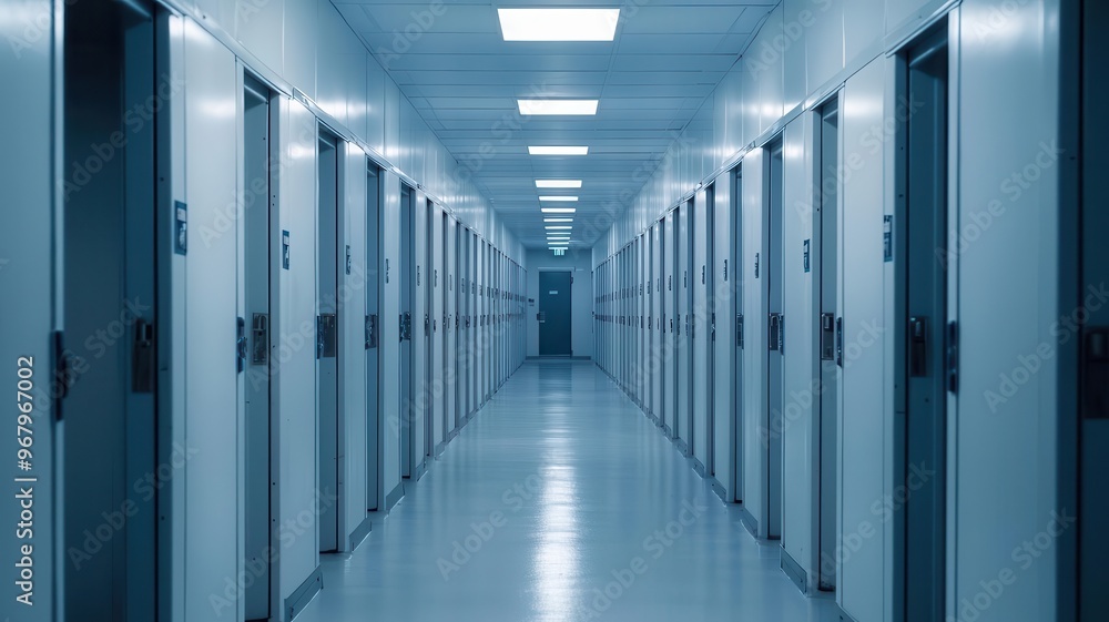 Long prison corridor with flickering fluorescent lights, Jail atmosphere, claustrophobic confinement Long prison corridor with flickering fluorescent lights, Jail atmosphere, claustrophobic confinement