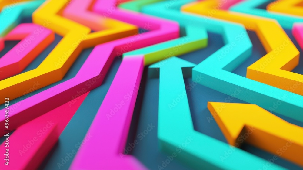 Naklejka premium A series of colorful arrows moving through a maze of abstract shapes, converging into a single point that represents the highest profit margin