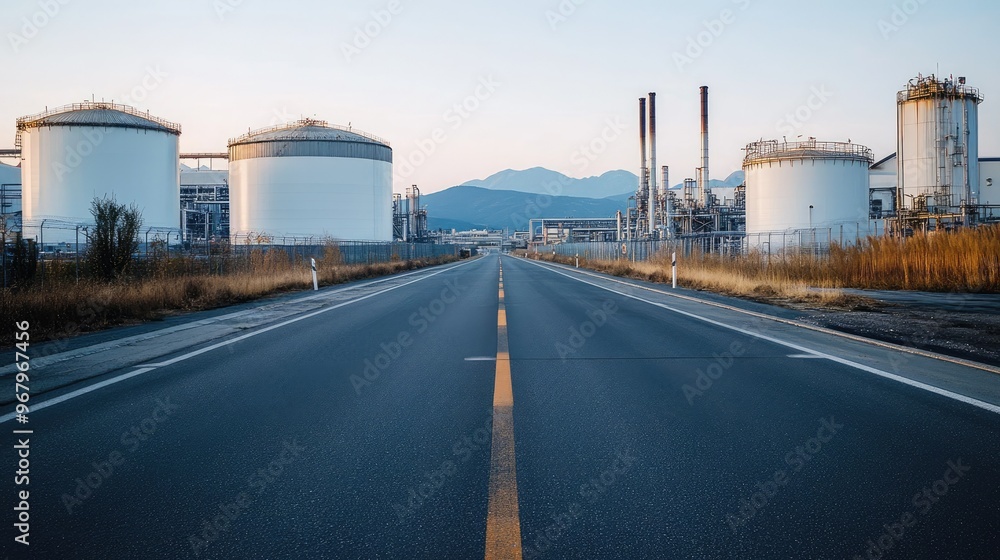 Empty road with large industrial buildings and storage tanks on either side, showcasing the scale of the industrial zone Empty road with large industrial buildings and storage tanks on either side, showcasing the scale of the industrial zone