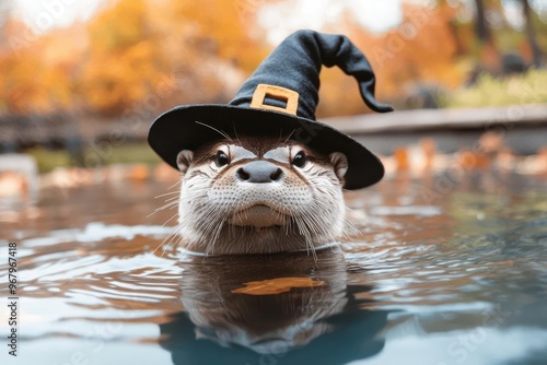 Otter in a witch s hat floating in a magical river, Otter in witch costume, water magic, playful sorcerer photo