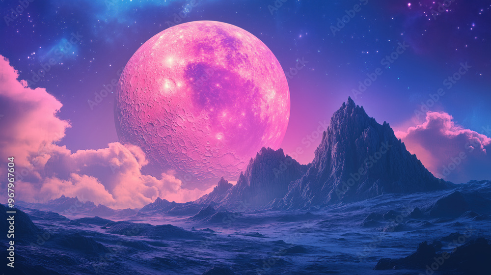 Mystical landscape with large pink moon and blue rocky terrain, Surreal landscape with pink mountains, A full moon Mystical landscape with large pink moon and blue rocky terrain, Surreal landscape with pink mountains, A full moon