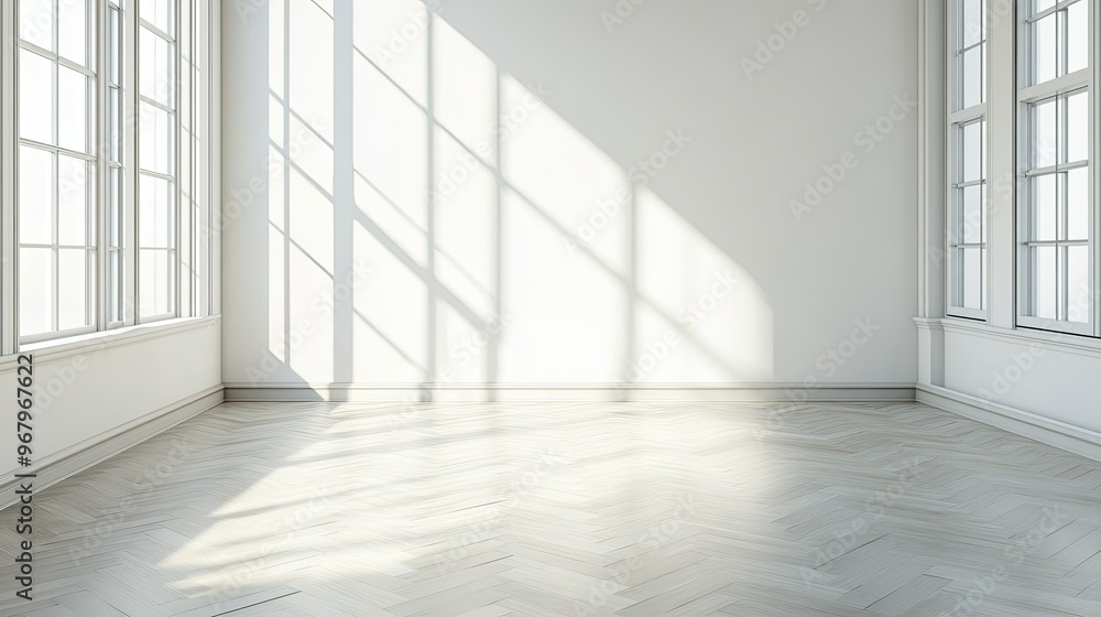 Empty room interior with a modern minimalist design, featuring sleek fishbone flooring, plain white walls, and sunlight streaming in, creating a bright space Empty room interior with a modern minimalist design, featuring sleek fishbone flooring, plain white walls, and sunlight streaming in, creating a bright space