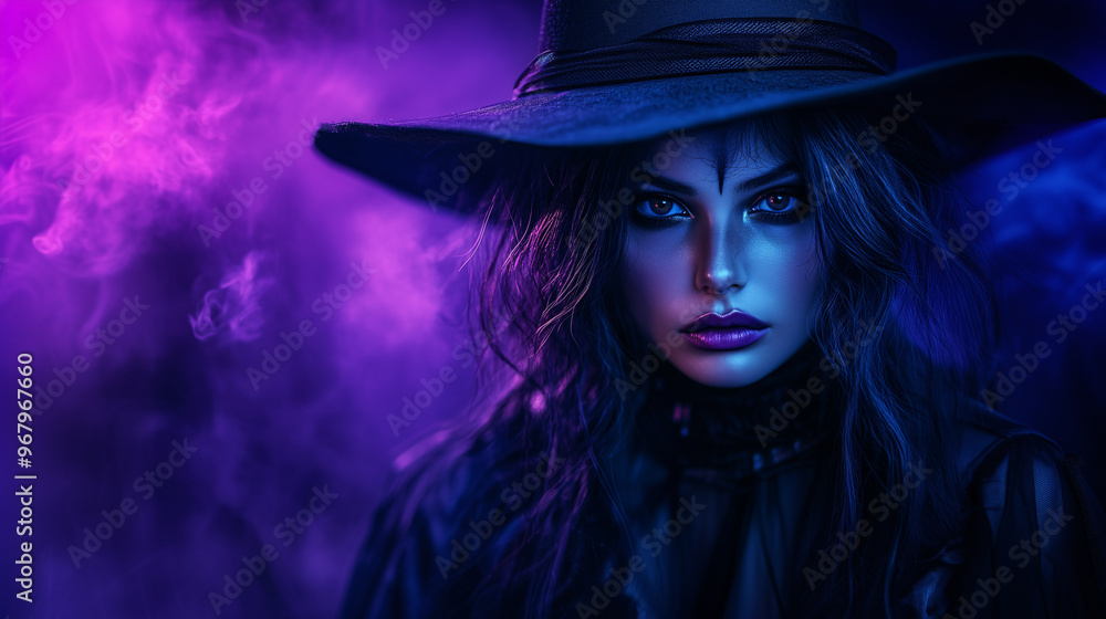 Portrait of mysterious attractive woman focus on face, eyes and dressed as a witch for Halloween in dark moody lighting purple background. Portrait of mysterious attractive woman focus on face, eyes and dressed as a witch for Halloween in dark moody lighting purple background.