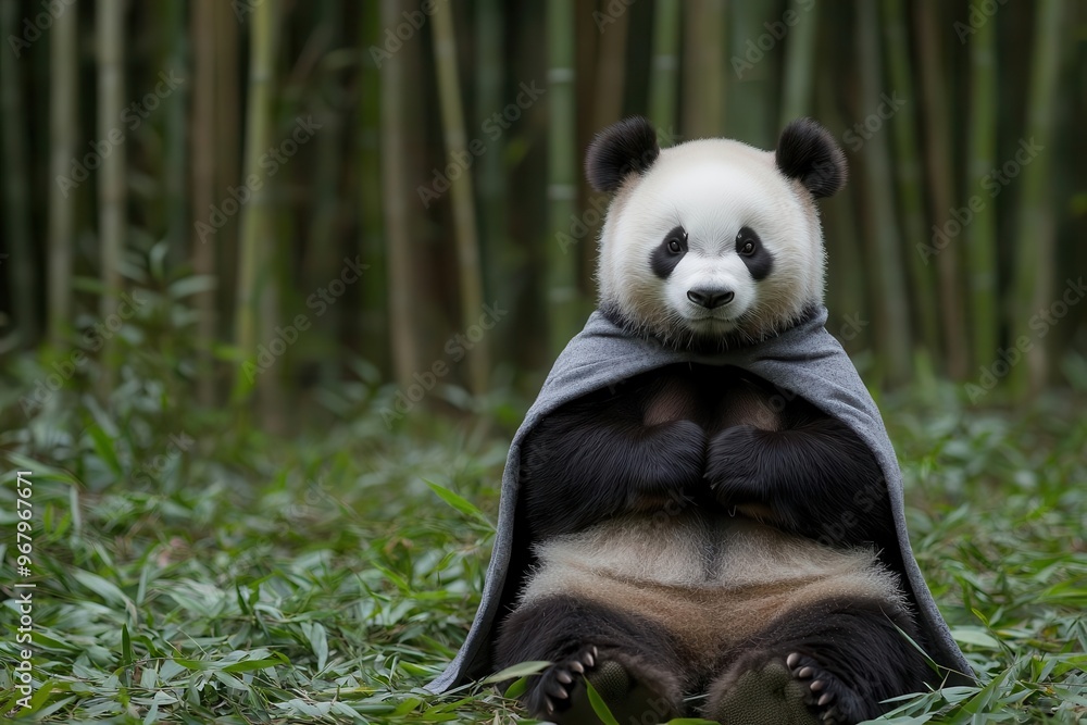 Fototapeta premium Panda in a wizard s cloak sitting in a bamboo forest, Panda in wizard costume, nature magic, calm and mystical