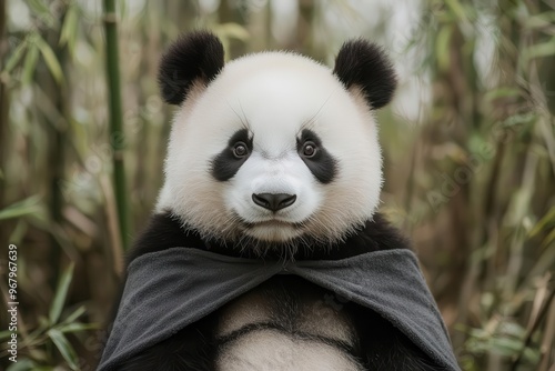 Panda in a wizard s cloak sitting in a bamboo forest, Panda in wizard costume, nature magic, calm and mystical photo