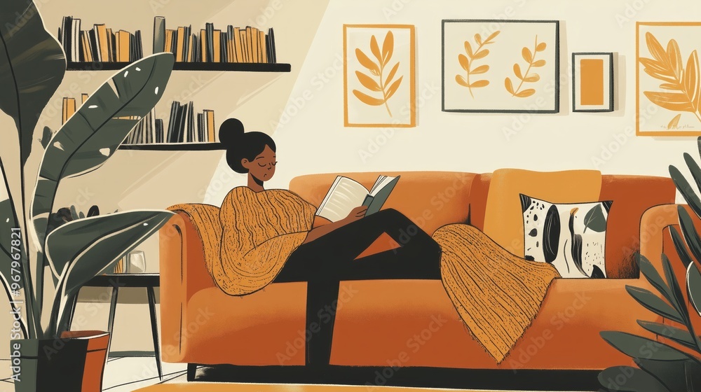 Fototapeta premium A cozy afternoon at home with a woman relaxing on an orange sofa, reading a book surrounded by houseplants and warm decor