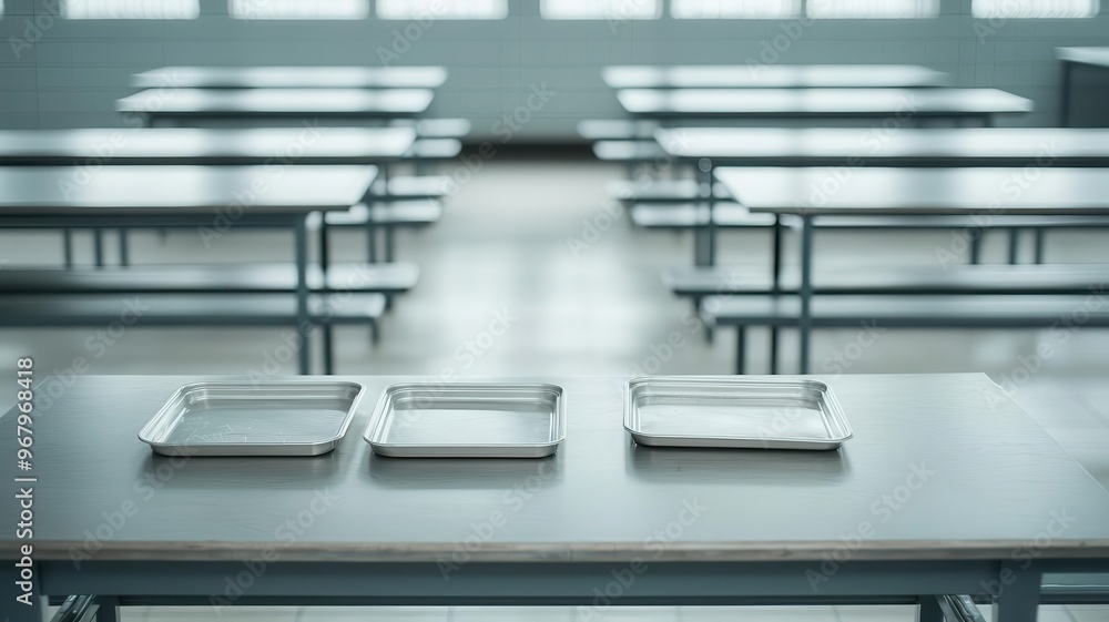 Prison cafeteria with metal tables and benches, empty trays left behind, Jail life, communal eating Prison cafeteria with metal tables and benches, empty trays left behind, Jail life, communal eating