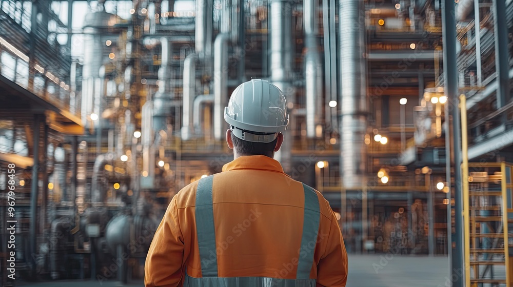 Engineer standing in front of complex refinery machinery, with a focus on monitoring and controlling the industrial process Engineer standing in front of complex refinery machinery, with a focus on monitoring and controlling the industrial process