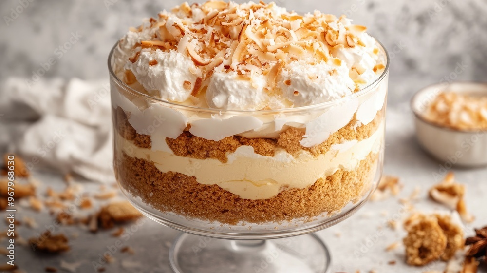 English trifle featuring biscuit dough, custard, and whipped cream layers, garnished with coconut, presented in a glass bowl, with scattered coconut pieces around English trifle featuring biscuit dough, custard, and whipped cream layers, garnished with coconut, presented in a glass bowl, with scattered coconut pieces around