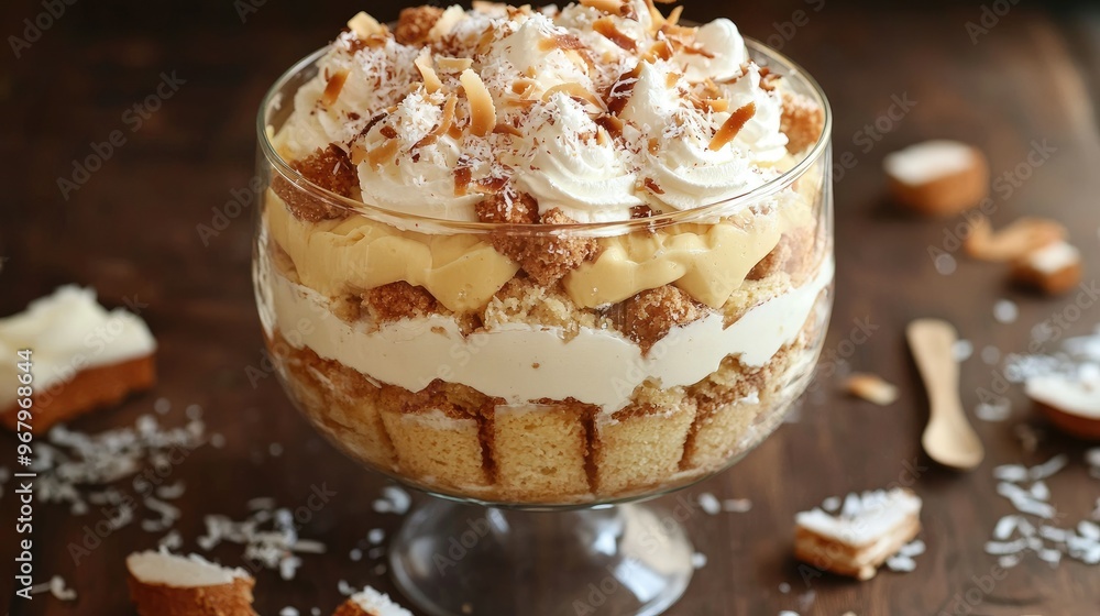 English trifle featuring biscuit dough, custard, and whipped cream layers, garnished with coconut, presented in a glass bowl, with scattered coconut pieces around English trifle featuring biscuit dough, custard, and whipped cream layers, garnished with coconut, presented in a glass bowl, with scattered coconut pieces around