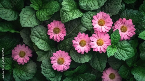 Wallpaper Mural Pink Flowers on Green Leaves Torontodigital.ca