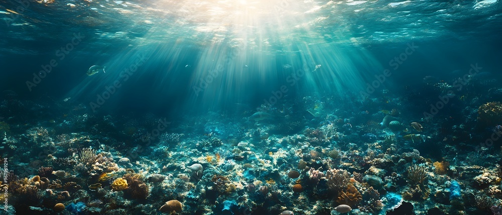 Breathtaking underwater landscape showcasing a vibrant coral reef ecosystem illuminated by shafts of sunlight Breathtaking underwater landscape showcasing a vibrant coral reef ecosystem illuminated by shafts of sunlight