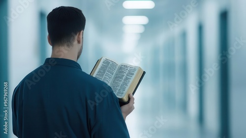 Prisoner holding a Bible, seeking spiritual solace in confinement, Prison ministry, spiritual rehabilitation photo