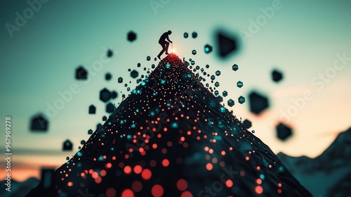 A silhouette of a person climbing a mountain made of floating icons representing various skills, such as coding, communication, and creativity, with a light source shining from the peak photo