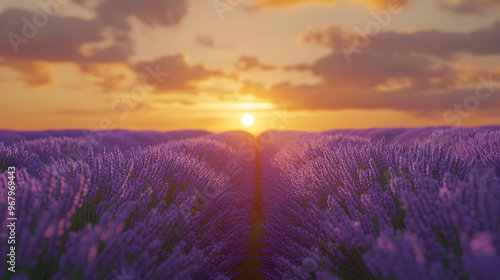 Serene Image of a Field of Lavender in Full Bloom with Rows of Purple Flowers Stretching Towards the Horizon Under a Golden Sunset