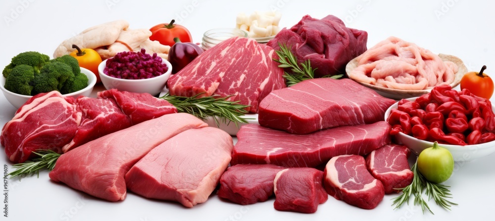 A vibrant mix of fresh meats and veggies on a white backdrop for cooking ideas A vibrant mix of fresh meats and veggies on a white backdrop for cooking ideas
