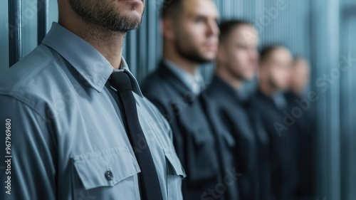 Prisoner standing in line for a headcount as guards check their numbers, Prison routine, institutional control photo