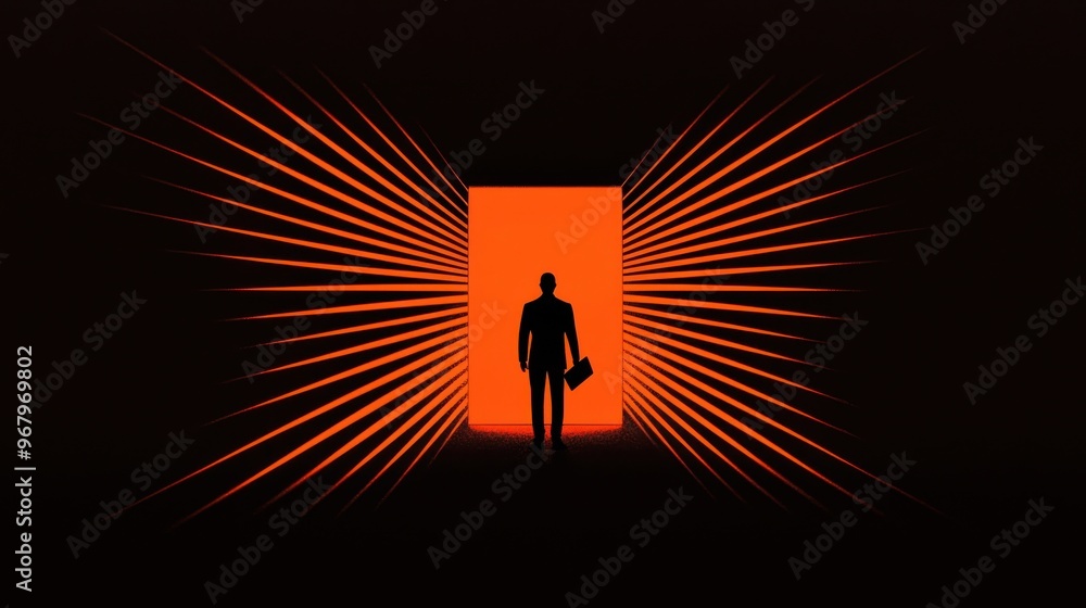 Fototapeta premium A silhouetted figure standing at the threshold of a door, holding a resume or document, with light rays shining through, representing a new beginning after an exit interview
