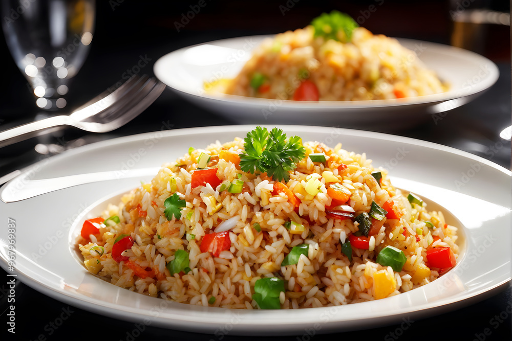 Fried rice with eggs & vegetables on white bowl fine dine concept, Generated by Ai Fried rice with eggs & vegetables on white bowl fine dine concept, Generated by Ai
