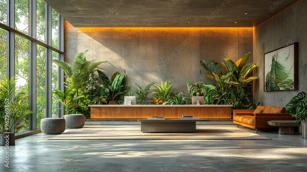 Modern lobby with a wooden reception desk, lush greenery, and a comfortable couch.