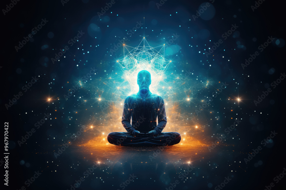 generated illustration of back view Woman sitting in yoga lotus pose and his connection to space generated illustration of back view Woman sitting in yoga lotus pose and his connection to space
