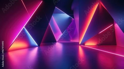 Neon Lights Reflecting on a Smooth Surface with Abstract Geometric Shapes