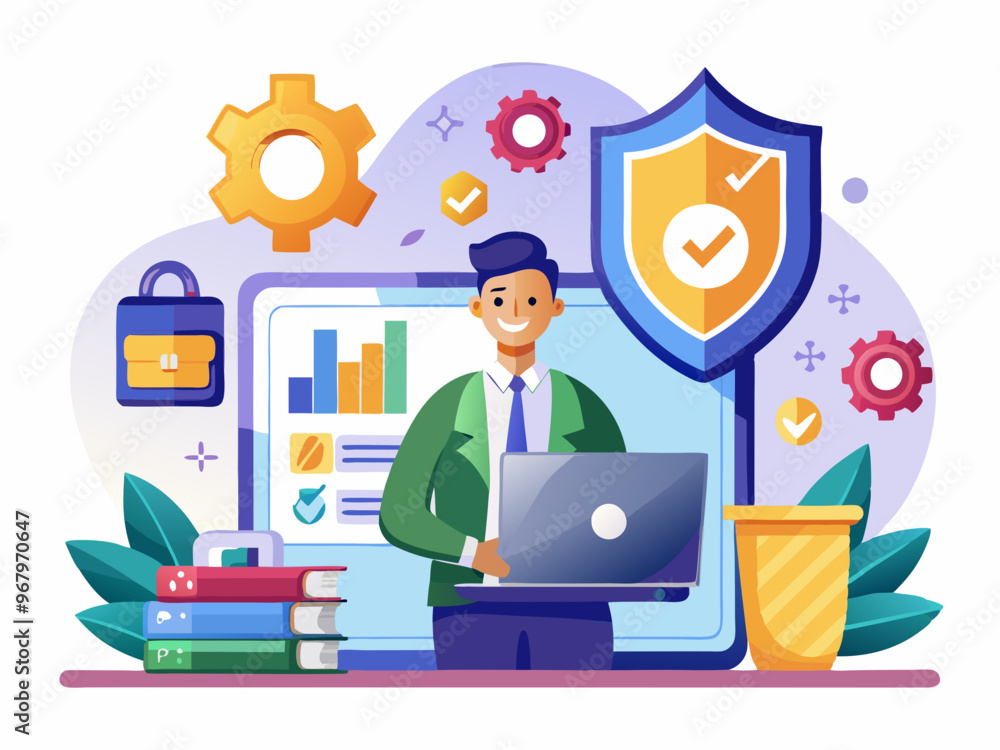 Cybersecurity and Data Protection Vector Art of Online Security with Shield Icons on White Background Cybersecurity and Data Protection Vector Art of Online Security with Shield Icons on White Background