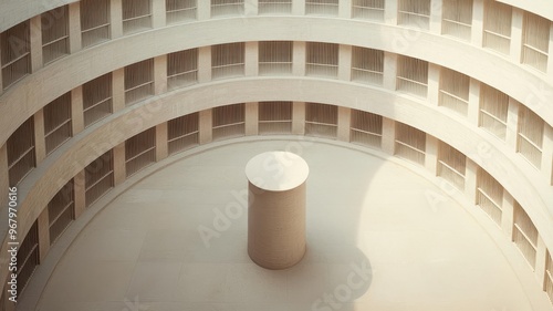 Rows of prison cells in a circular block, watched over by a single guard in a central tower, Panopticon design, surveillance and control