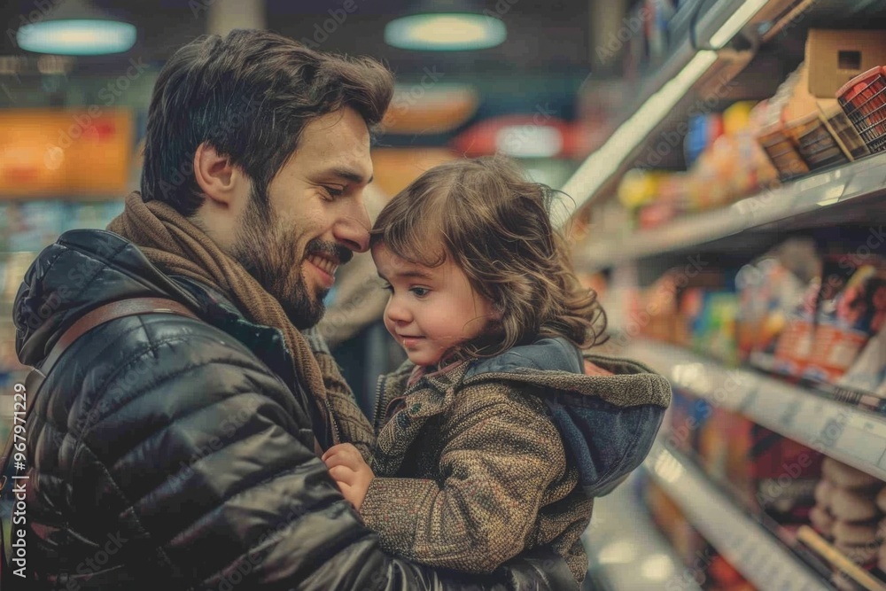 A man holds a young girl in a grocery store, likely a shopping trip or errand A man holds a young girl in a grocery store, likely a shopping trip or errand