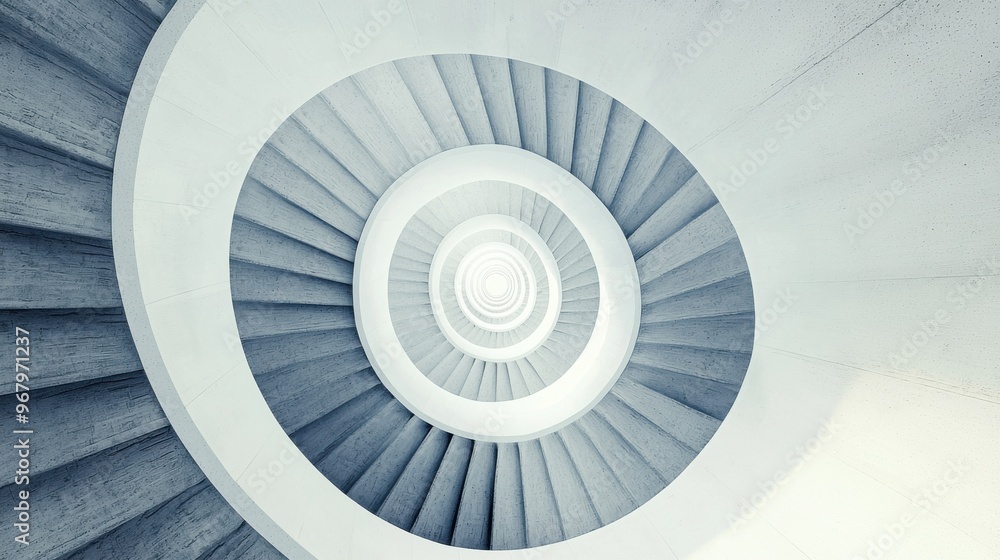 Fototapeta premium A spiral staircase that twists upwards, each section multiplying into more steps and spaces, scalable growth and the endless possibilities of expansion