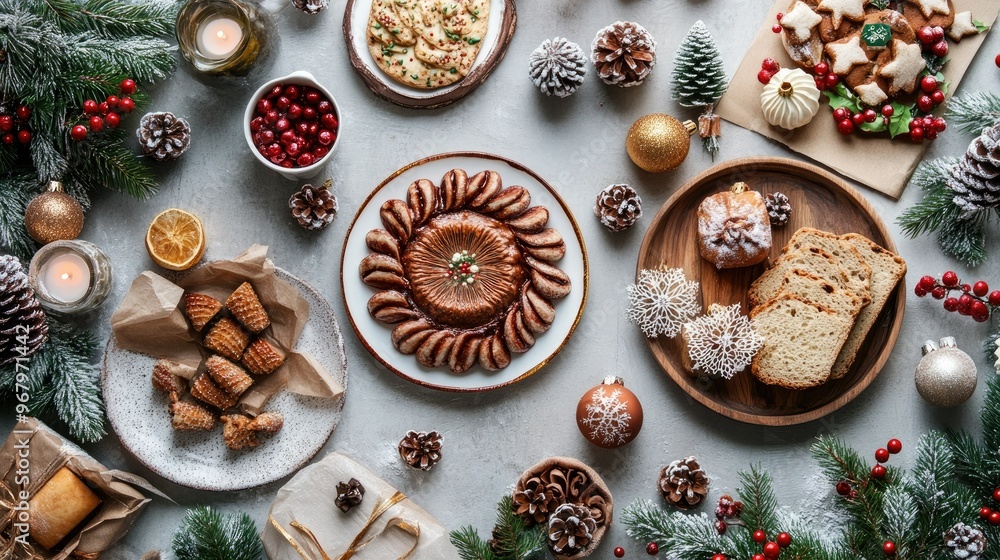 Flat lay of a festive holiday table setting with various Christmas foods, decorations, and seasonal tableware, creating a cheerful atmosphere. Flat lay of a festive holiday table setting with various Christmas foods, decorations, and seasonal tableware, creating a cheerful atmosphere.