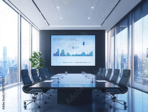 Modern slide design on a large projector screen in a conference room, slide design, professional presentation.