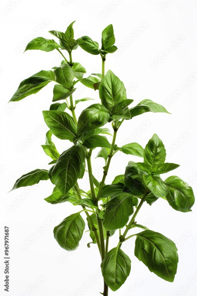 A single plant with green leaves on a white background, suitable for use in still life or nature-inspired designs A single plant with green leaves on a white background, suitable for use in still life or nature-inspired designs