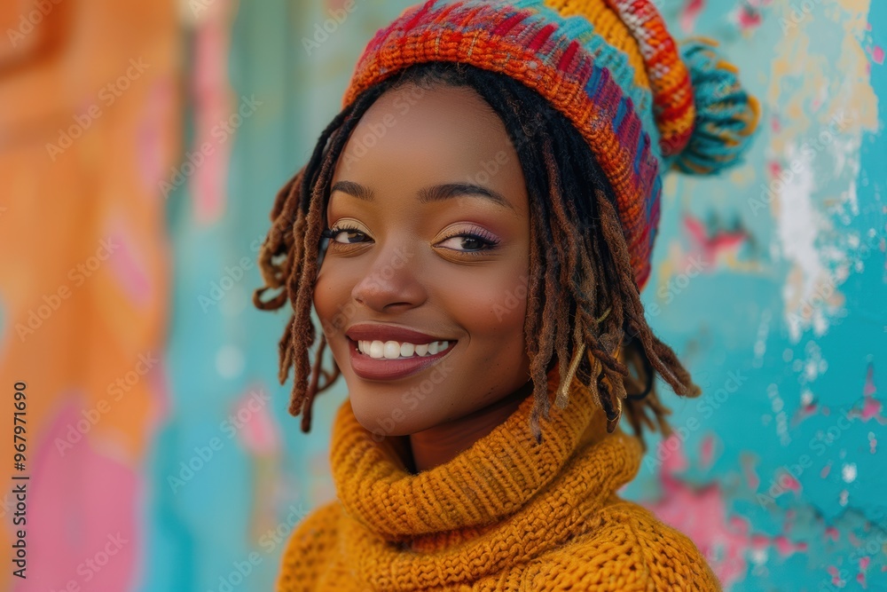 Joy captured: A young woman smiles in a colorful sweater and vibrant backdrop Joy captured: A young woman smiles in a colorful sweater and vibrant backdrop