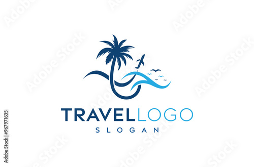 Travel vector logo design, Modern Travel with beach logo, travel, airplane, birds, beach, water flow vector logo design