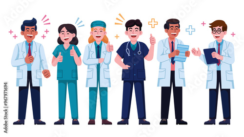 A group of doctors are smiling and giving thumbs up to each other