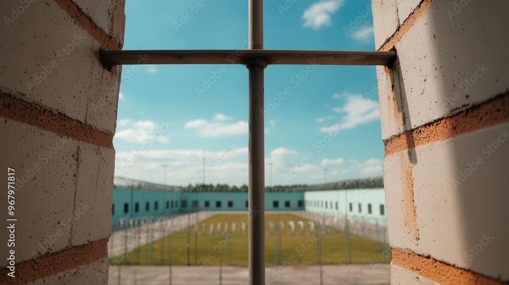 Fototapeta premium View from a prison watchtower, overlooking the yard and surrounding perimeter, Prison guard perspective, vigilance