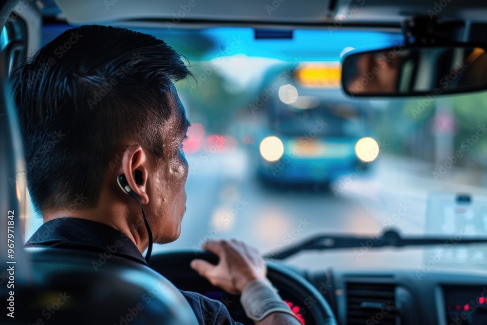 A man behind the wheel of a vehicle navigating through urban streets, perfect for use in scenes about daily life, commuting, or transportation A man behind the wheel of a vehicle navigating through urban streets, perfect for use in scenes about daily life, commuting, or transportation