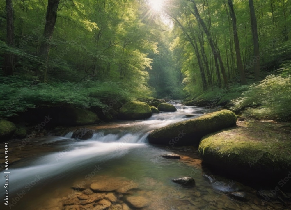Fototapeta premium A tranquil stream gently flowing through a lush green forest, creating a peaceful atmosphere