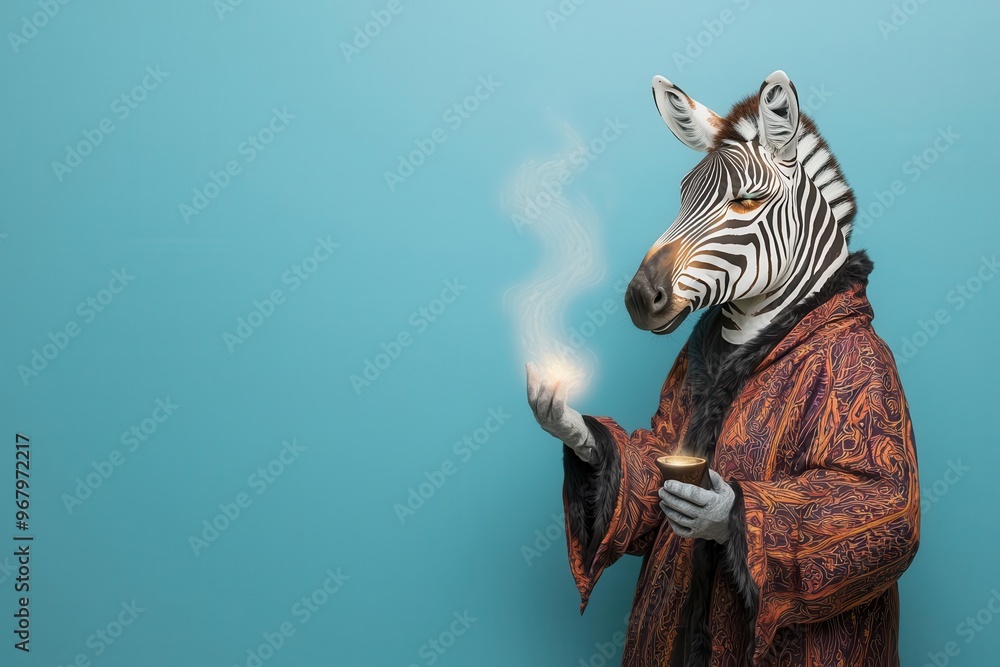 Zebra in a wizard robe casting spells with its stripes glowing, Zebra in wizard costume, striped magic, enchanted creature Zebra in a wizard robe casting spells with its stripes glowing, Zebra in wizard costume, striped magic, enchanted creature