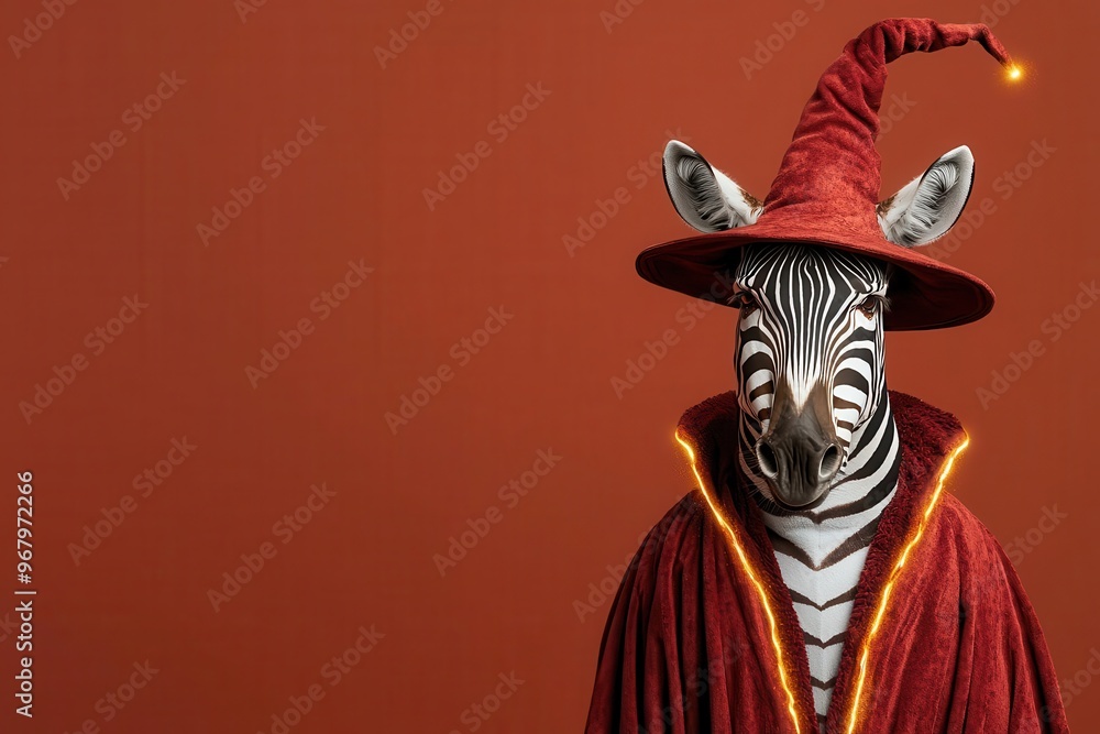 Fototapeta premium Zebra in a wizard robe casting spells with its stripes glowing, Zebra in wizard costume, striped magic, enchanted creature