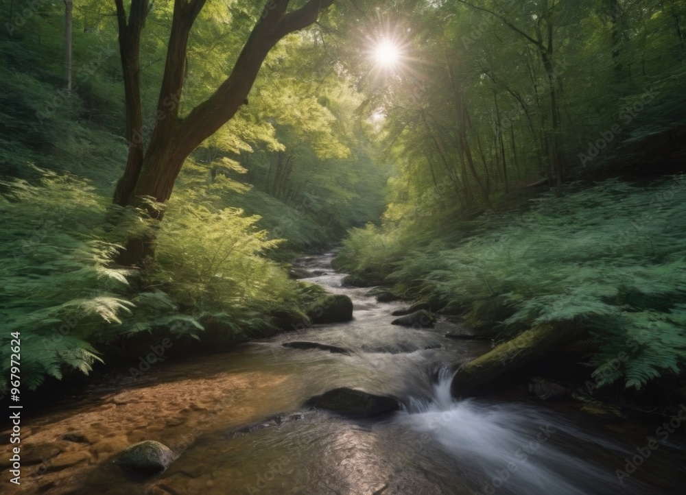 A tranquil stream gently flowing through a lush green forest, creating a peaceful atmosphere A tranquil stream gently flowing through a lush green forest, creating a peaceful atmosphere