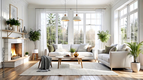 Cozy white living room interior, home mockup, 3d render, white Mock up