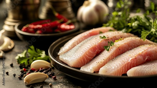 Fresh Ikan Patin (Silver Catfish) fillets on a kitchen counter with ingredients like garlic, chili, and herbs, set for a home-cooked seafood meal. photo