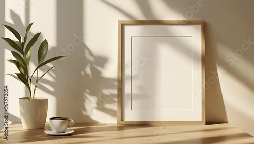 A mockup of an A4 frame on the table, leaning against the wall in the living room, with window light and shadows
