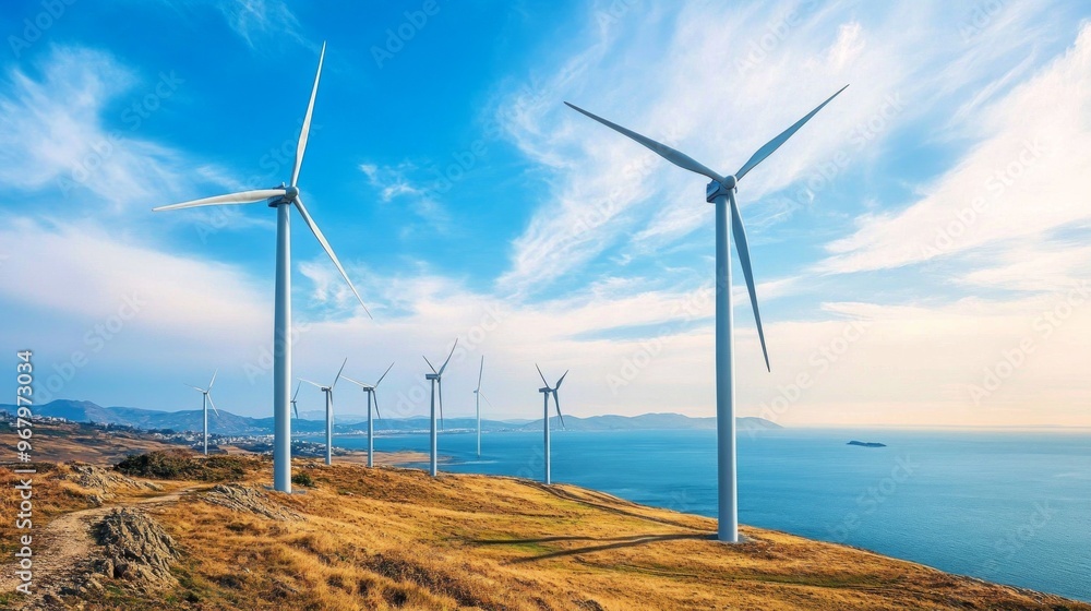 Coastal Wind Farm Turbines, a stunning array of towering structures harnessing renewable energy, framed by the vibrant blue ocean under a clear sky, symbolizing sustainable innovation. Coastal Wind Farm Turbines, a stunning array of towering structures harnessing renewable energy, framed by the vibrant blue ocean under a clear sky, symbolizing sustainable innovation.